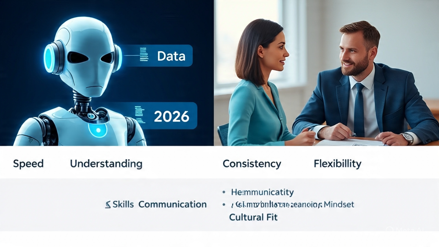 Wide banner-style infographic comparing AI and human recruiters in 2026. The left side shows a futuristic robot analyzing a digital candidate profile with data, speed, and automation features. The right side shows a human recruiter interviewing a candidate in a warm office setting, highlighting empathy, communication, and judgment. The center contrasts key factors like speed vs understanding, data vs empathy, and consistency vs flexibility. The bottom emphasizes what really matters: skills, communication, adaptability, learning mindset, and cultural fit.