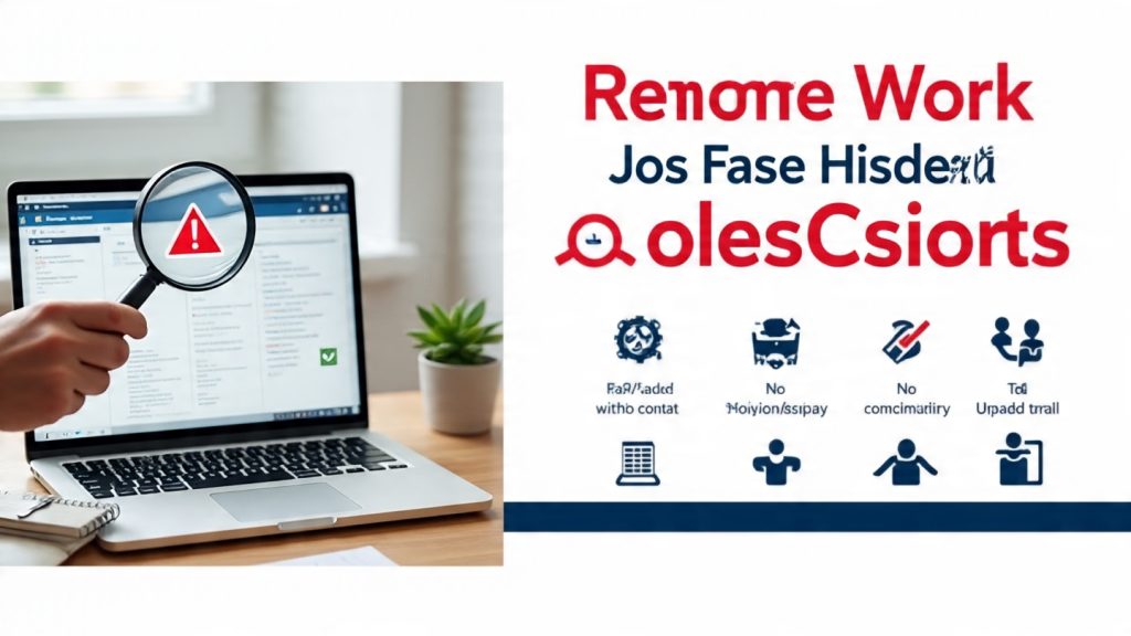 Infographic titled “Remote Work Red Flags Hidden in Job Descriptions” showing a desk setup with a laptop displaying a hiring page and a magnifying glass highlighting a warning sign, alongside ten illustrated red flags such as 24/7 availability, vague salary, multiple roles, excessive monitoring, and unclear communication, with a final message encouraging readers to choose transparent and balanced remote opportunities.