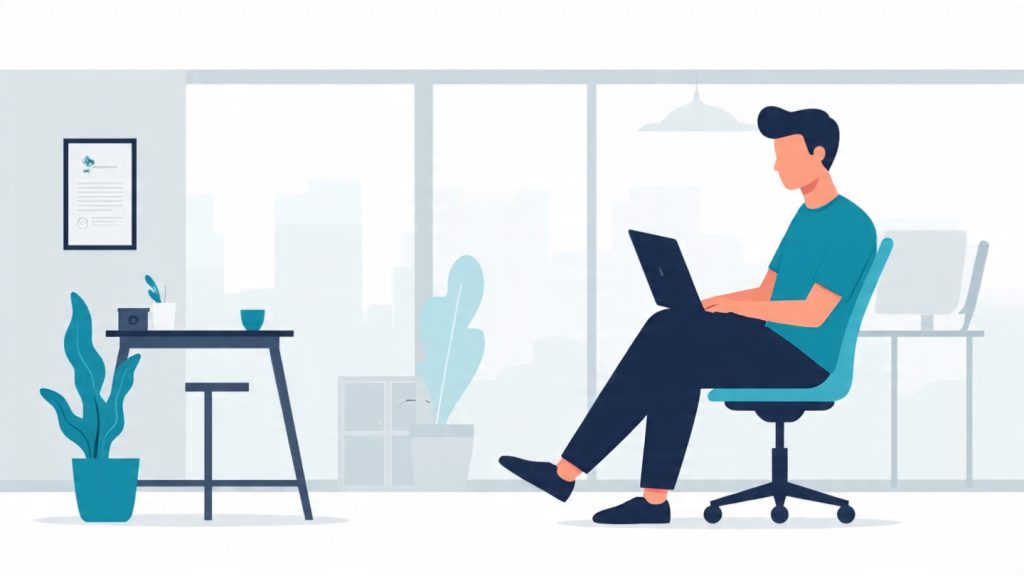 Hybrid Work Boundaries
A professional, modern illustration of a hybrid work setup showing a person working on a laptop in a balanced environment that blends home and office elements. One side of the scene represents a calm home workspace with plants, natural light, and a relaxed atmosphere, while the other side represents a structured office environment with glass walls, a meeting space, and subtle corporate elements. The central figure appears focused and balanced, symbolizing healthy work boundaries. The overall mood is clean, minimal, and productivity-focused, emphasizing harmony between flexibility and discipline in hybrid work.