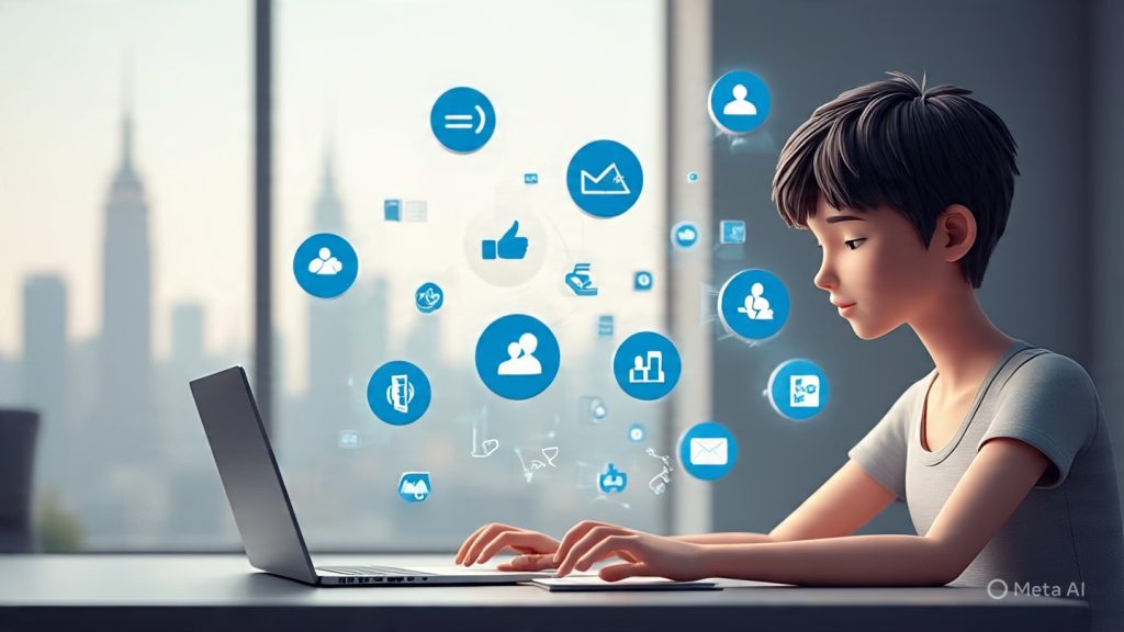 A modern digital illustration showing a young person working on a laptop at home, surrounded by floating icons of different careers like coding, writing, design, marketing, and video editing. The background shows a subtle city skyline fading into uncertainty while the workspace glows with stability and opportunity. Clean, professional, futuristic style, soft lighting, high detail, realistic 3D illustration, inspirational mood, 16:9 ratio.