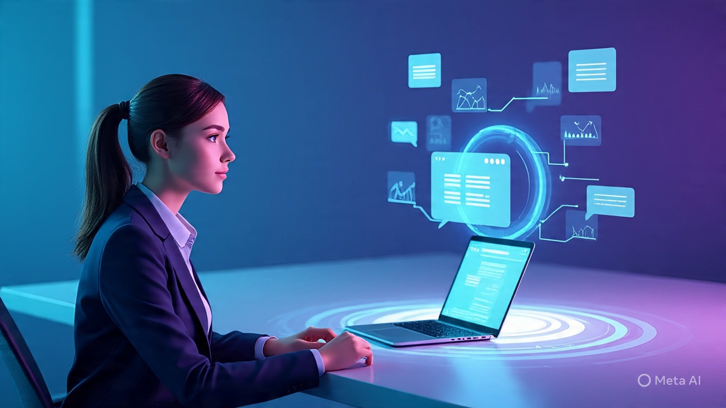 Best AI Tools
Create a modern, high-quality digital illustration for a blog banner about AI interview preparation. The scene shows a young professional sitting confidently at a clean desk with a laptop, practicing a virtual interview. In front of them is a futuristic holographic AI interviewer interface displaying interview questions, chat bubbles, rating stars, and feedback analytics.
The environment is minimal and modern, with a soft glowing workspace. Around the interface are subtle tech elements like floating icons (resume document, chat symbols, graphs, neural network patterns).