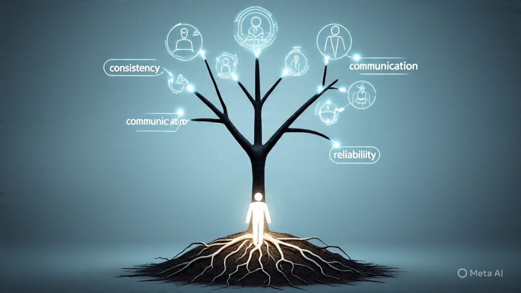 A creative growth metaphor showing a small plant growing into a strong tree made of digital elements. The roots are labeled with words like “consistency,” “communication,” and “reliability.” The branches extend toward a distant figure representing a manager, with soft glowing connections linking them. The style is minimal, professional, and inspirational.