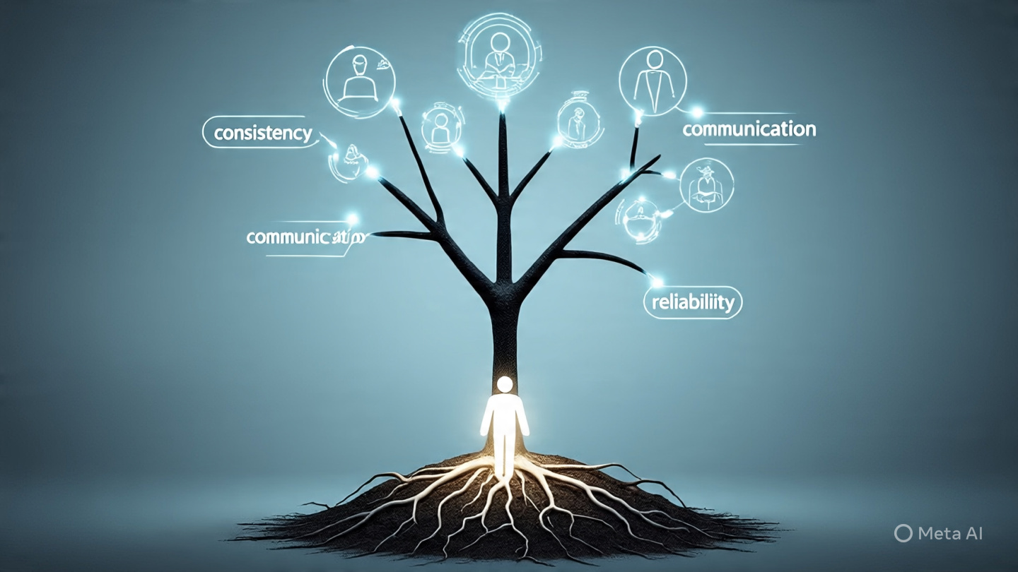 A creative growth metaphor showing a small plant growing into a strong tree made of digital elements. The roots are labeled with words like “consistency,” “communication,” and “reliability.” The branches extend toward a distant figure representing a manager, with soft glowing connections linking them. The style is minimal, professional, and inspirational.