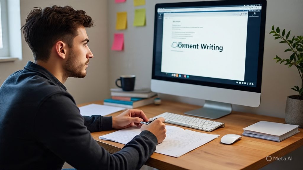 Jobs for Creative Minds
A focused young man sits at a wooden desk in a modern home office, thoughtfully writing notes while looking at a large computer screen displaying a “Content Writing” document. The workspace is neat and creative, with sticky notes on a board, books, a coffee mug, and a small plant, all lit by soft natural light from a nearby window.