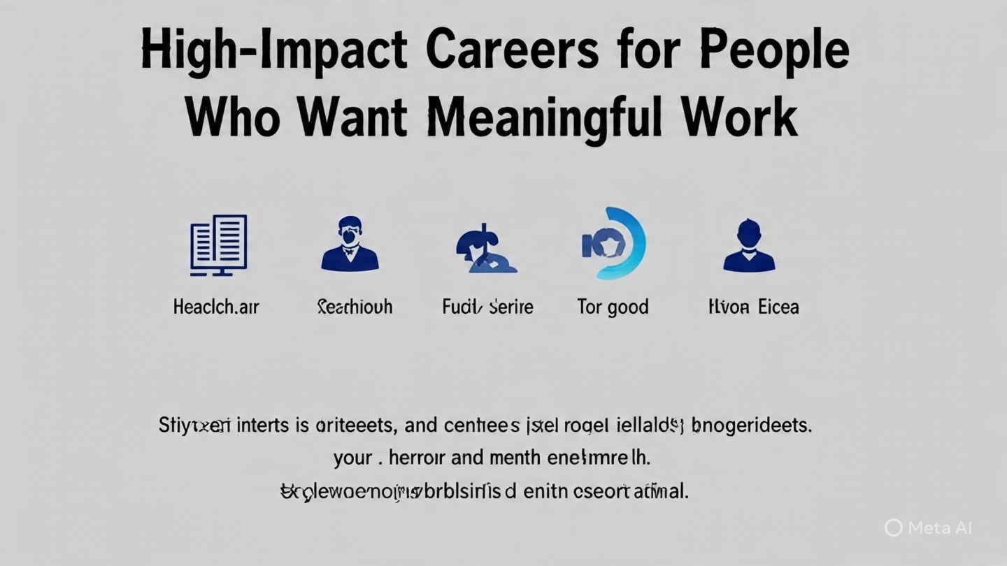 “Infographic titled ‘High-Impact Careers for People Who Want Meaningful Work’ showing nine career paths including healthcare, teaching, social work, environment and climate, public service, technology for good, journalism and content creation, psychology and mental health, and entrepreneurship with purpose, each illustrated with simple icons and short descriptions explaining how each field contributes to positive social impact. The bottom section shows steps for choosing a meaningful career such as identifying interests, strengths, exploring problems, and starting small.”