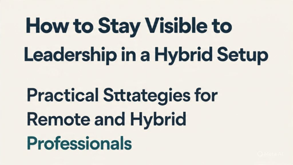 An infographic titled “How to Stay Visible to Leadership in a Hybrid Setup,” showing practical strategies for remote and hybrid professionals. It highlights key points such as communicating outcomes instead of just updates, being intentional in meetings, using structured written communication, sharing progress proactively, contributing beyond assigned roles, making work discoverable, building small regular touchpoints with leadership, and delivering consistent reliability. The design includes icons, sectioned tips, and a professional remote-work theme with a video meeting illustration on the right.