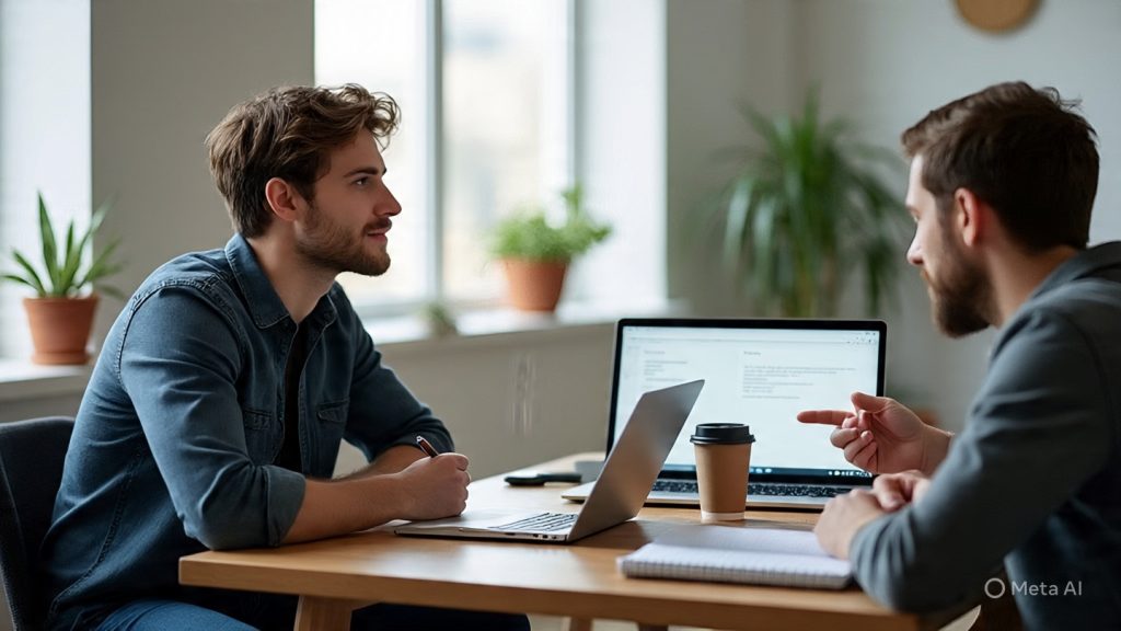 “A young professional mentoring another early-career person in a modern, bright co-working space. They are sitting across a table with laptops open, notebooks, and coffee cups. The mentor is explaining something calmly while pointing at notes on the screen. The mentee is listening attentively and taking notes. The environment feels collaborative, inspiring, and supportive. Soft natural light coming from large windows, warm tone, shallow depth of field, realistic photography style, high detail, cinematic composition, 16:9 aspect ratio, professional yet friendly atmosphere.”