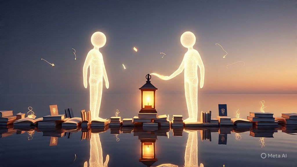 A symbolic visual of mentorship transition and closure, showing two abstract glowing figures made of soft light standing on a calm bridge made of floating books and ideas. One figure gently passes a glowing lantern shaped like a compass to the other. The background is a serene sunset sky blending shades of gold, violet, and deep blue, symbolizing growth and transition. Around them, subtle floating symbols like arrows, light threads, and open doors represent guidance, learning, and evolution. Cinematic, highly detailed, soft dreamy lighting, modern digital art style, inspirational mood, ultra-high resolution, 16:9 composition.