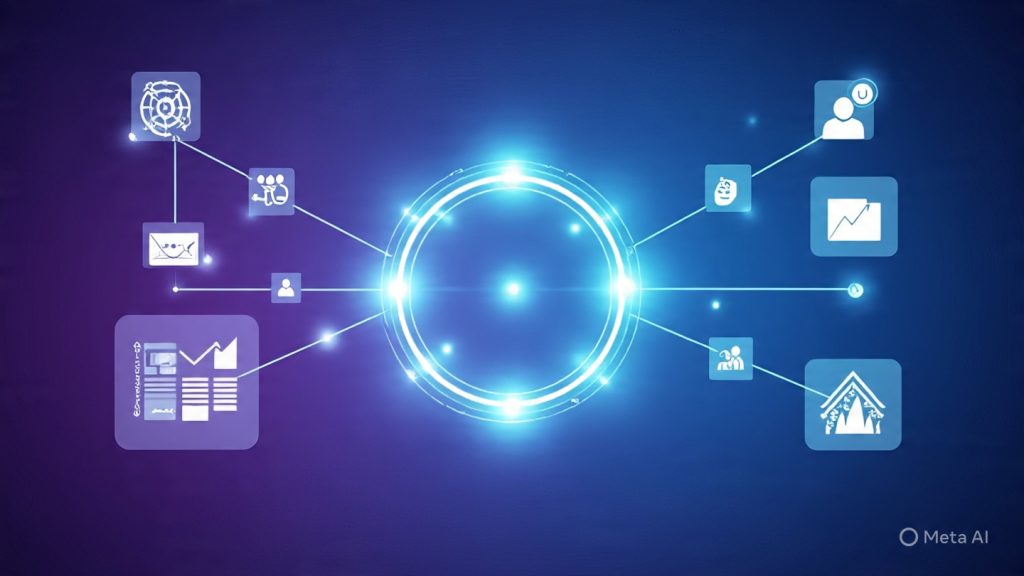 Career in Tech
“A modern abstract representation of a tech career ecosystem without coding, showing interconnected digital elements like floating icons of communication, design tools, analytics charts, marketing symbols, and project management boards. In the center, a glowing network hub connects different career paths using light lines and geometric shapes. The background is a futuristic gradient of deep blue and purple with subtle digital patterns, conveying innovation, opportunity, and growth. Clean, minimal, professional tech aesthetic, high detail, cinematic lighting, ultra high resolution, 16:9 composition.”