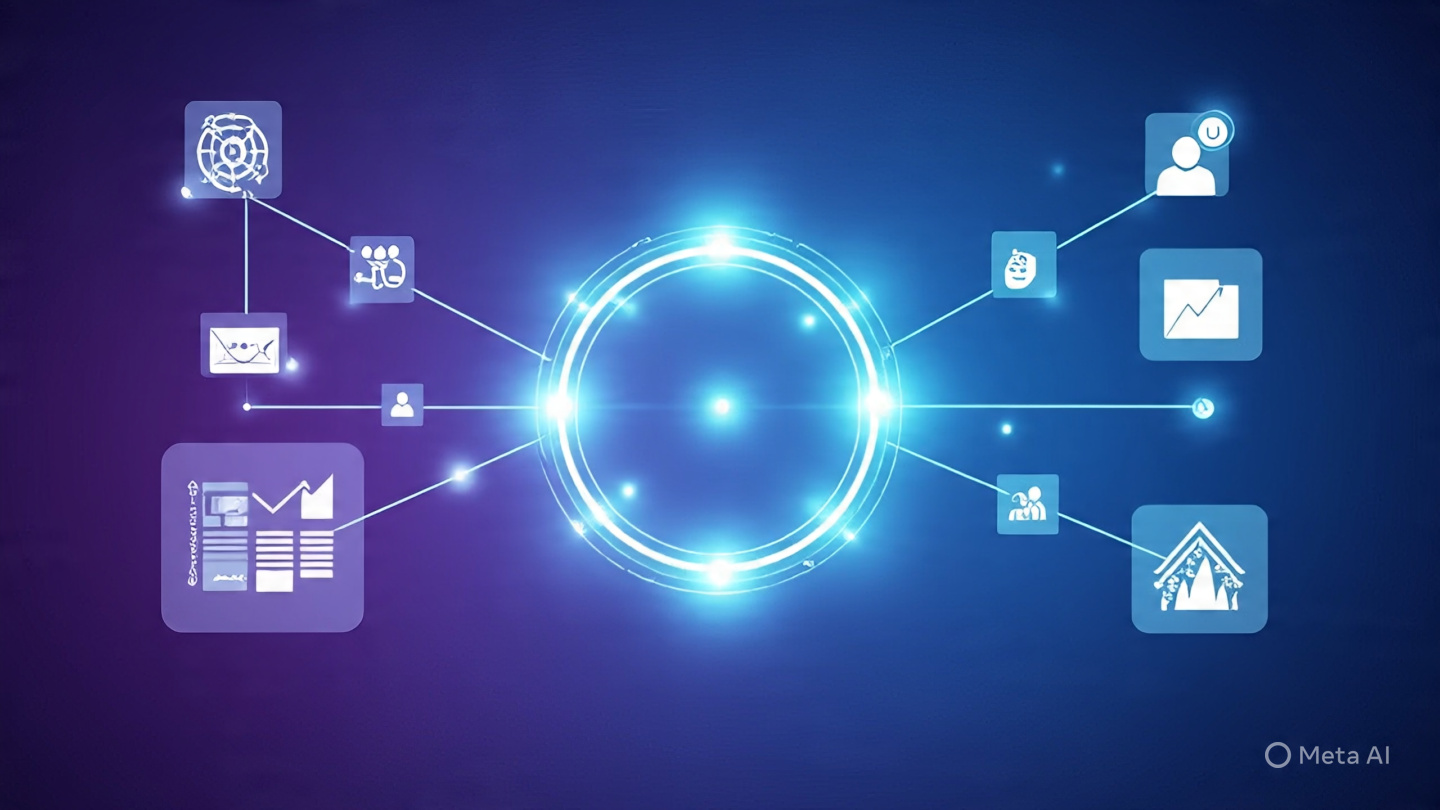 Career in Tech
“A modern abstract representation of a tech career ecosystem without coding, showing interconnected digital elements like floating icons of communication, design tools, analytics charts, marketing symbols, and project management boards. In the center, a glowing network hub connects different career paths using light lines and geometric shapes. The background is a futuristic gradient of deep blue and purple with subtle digital patterns, conveying innovation, opportunity, and growth. Clean, minimal, professional tech aesthetic, high detail, cinematic lighting, ultra high resolution, 16:9 composition.”