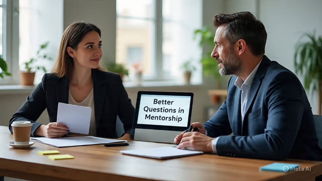 Mentorship Calls
A highly realistic mentorship call scene in a modern, well-lit office. A young professional is sitting across from an experienced mentor at a wooden desk. Both are engaged in a focused and meaningful conversation. The mentor is gently explaining something while pointing at a laptop screen showing structured notes titled “Better Questions in Mentorship.” The mentee is listening attentively, holding a notebook with written questions and ideas. The atmosphere is calm, professional, and inspiring, with natural sunlight coming through large windows, soft shadows, indoor plants, and minimalistic office décor. A coffee cup, pen, and sticky notes are placed neatly on the table to add realism. The composition feels cinematic, shallow depth of field, ultra-detailed, photorealistic, 16:9 aspect ratio, warm tones, and soft lighting emphasizing learning, clarity, and growth.