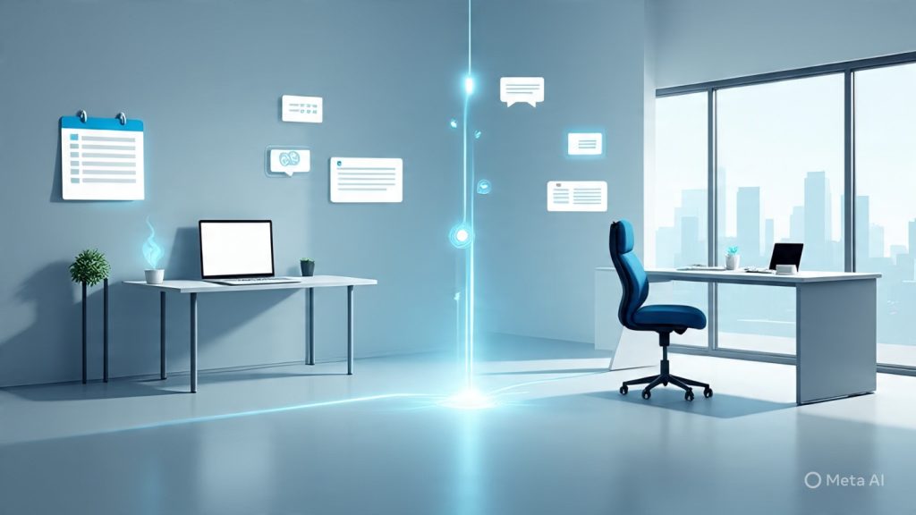 A modern split-scene illustration showing a professional working in a hybrid environment. On the left side, a clean home workspace with a laptop, coffee, soft lighting, and minimal decor. On the right side, a sleek office setup with glass walls, desk, and city view. In the center, a subtle glowing pathway or connection line linking both environments, symbolizing hybrid work balance. Include floating elements like calendar icons, chat bubbles, and task checklists to represent productivity and communication. Use a calm color palette with shades of blue, white, and soft gradients. No human faces visible, focus on environment and concept. Add soft lighting and a futuristic, minimal aesthetic.