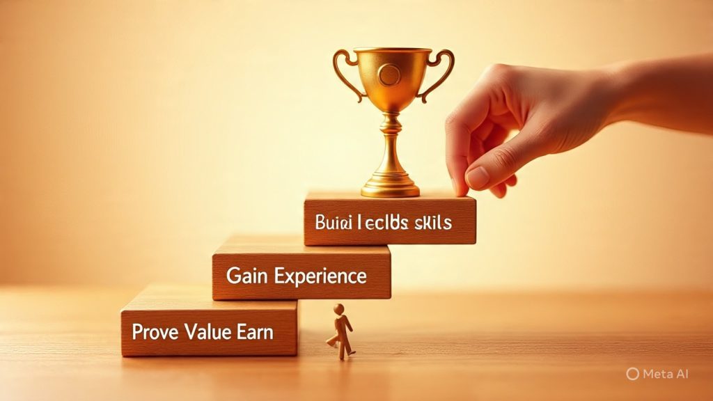 A conceptual illustration showing a career growth journey as a series of wooden steps labeled “Build Skills,” “Gain Experience,” “Prove Value,” “Earn Trust,” and “Get Promoted.” A small wooden human figure climbs the steps toward a glowing golden trophy placed at the top, symbolizing success and promotion. A hand is seen placing the final step, emphasizing progression and achievement, with a warm, motivational lighting effect.