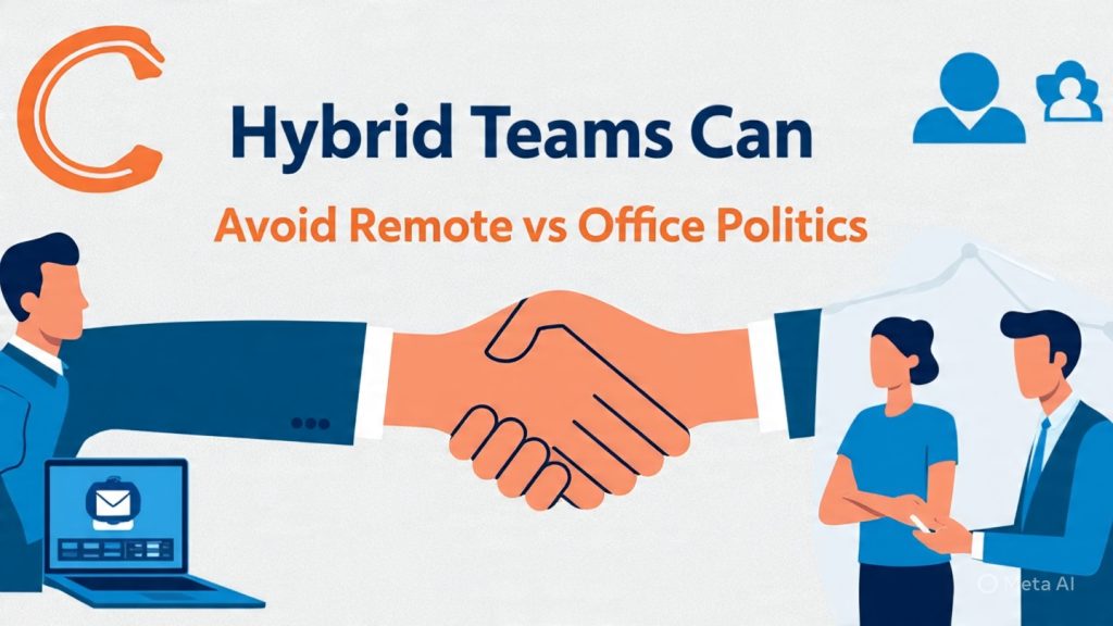 “Wide landscape infographic titled ‘How Hybrid Teams Can Avoid Remote vs Office Politics’ showing a split scene of remote and office workers connected by a handshake icon. The left side shows a person working remotely on a laptop with video call elements, while the right side shows office colleagues collaborating in a meeting. A central upward graph and communication icons highlight collaboration, trust, and productivity in a hybrid work environment.”