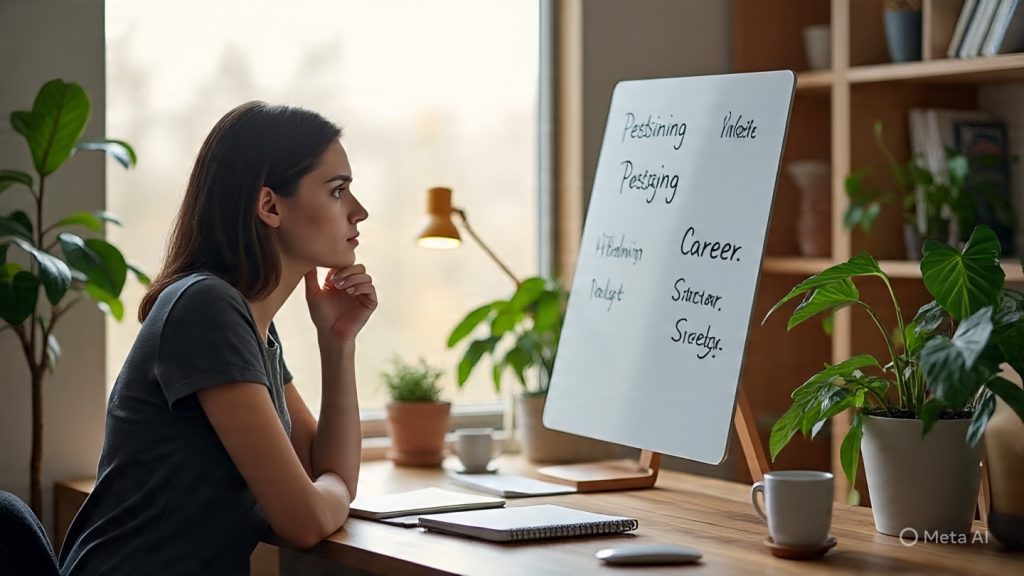 Alt text: A realistic modern home office scene showing a young woman sitting at a wooden desk in a cozy, plant-filled workspace. She is thinking thoughtfully while looking at a whiteboard with notes on positioning and career strategy. A laptop, notebook, books, coffee mug, and desk lamp are arranged neatly, creating an inspiring and focused work environment with warm natural lighting.