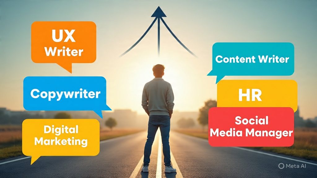 High-Growth Careers
A person stands on a road facing a bright sunrise, looking toward an upward arrow-shaped path symbolizing growth and success. Around them are colorful speech bubbles labeled “UX Writer,” “Content Writer,” “Copywriter,” “HR,” “Digital Marketing,” and “Social Media Manager,” representing different high-growth career options.