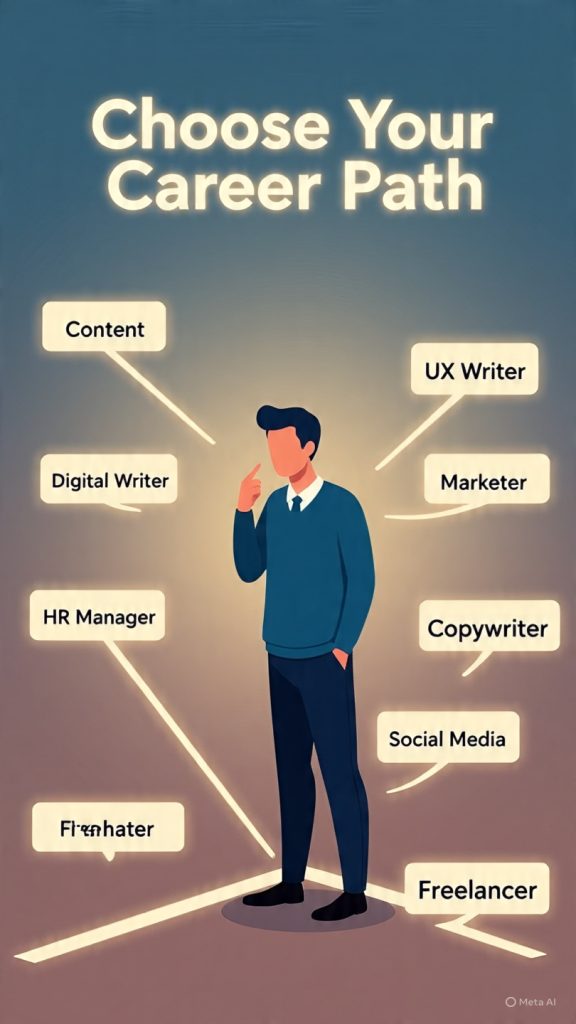 Choose a Career
Image Prompt: A wide 1600x778px digital illustration showing a confused young professional standing at a crossroads with multiple glowing career paths ahead. Each path is labeled with different career options like “Content Writer,” “UX Writer,” “Digital Marketer,” “HR Manager,” “Copywriter,” “Social Media Manager,” and “Freelancer.” The person looks thoughtful but slightly overwhelmed, representing the feeling of “everything looks interesting.” Above the scene, a soft glowing sign says “Choose Your Career Path.” The background is modern, clean, and inspirational with subtle tech and creative elements floating around. The overall mood is motivational, hopeful, and career-focused with warm lighting and a professional infographic style.