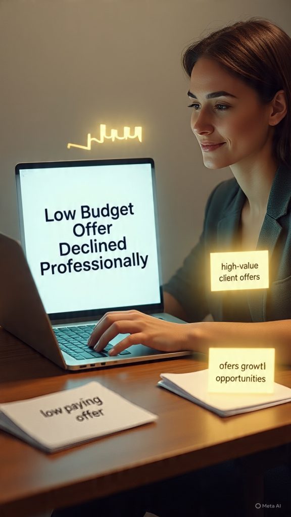 Low-Paying Freelance Work
A modern freelance workspace scene showing a confident freelancer sitting at a desk with a laptop. On the screen, a message reads “Low Budget Offer Declined Professionally.” The freelancer is calmly smiling while writing a polite email reply. On one side of the desk, there are small “low-paying offer” documents fading away, and on the other side, glowing “high-value client offers” and growth opportunities appear. The background shows an upward growth arrow symbolizing career progress. Clean, minimal, inspirational aesthetic with warm lighting, professional atmosphere, and a focus on confidence and self-worth in freelancing.