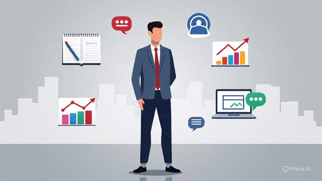 Best Career Options
“A modern, realistic illustration of a young professional standing at a crossroads, surrounded by multiple floating icons representing different skills—writing (pen and notebook), design (color palette), marketing (graph/chart), technology (laptop), and communication (speech bubbles). The person looks confident and thoughtful, symbolizing versatility and multi-talented ability. Background shows a soft gradient with subtle cityscape elements, representing career opportunities. Minimalist, professional style, soft lighting, high detail, 16:9 ratio, no text.”