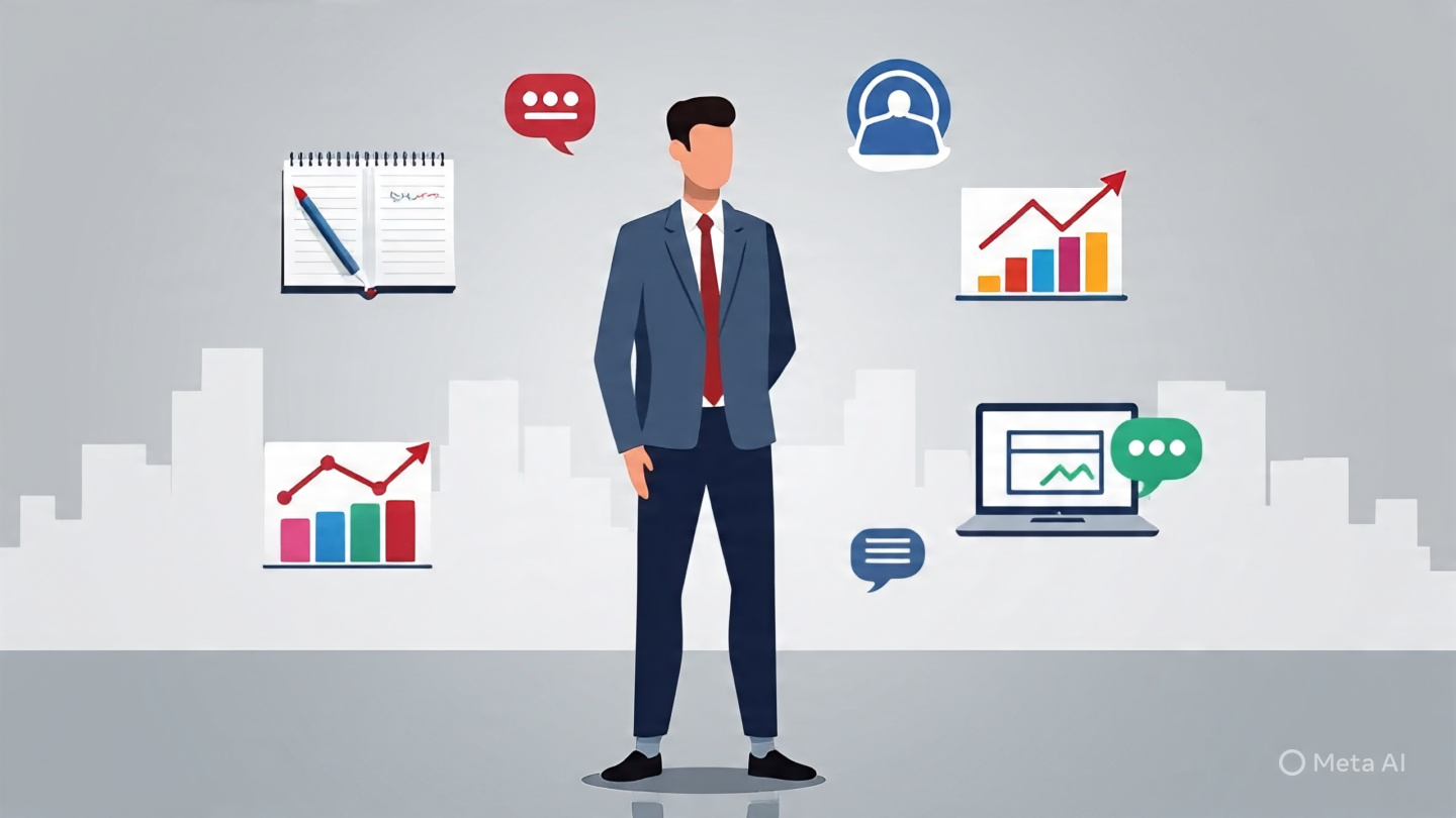 Best Career Options
“A modern, realistic illustration of a young professional standing at a crossroads, surrounded by multiple floating icons representing different skills—writing (pen and notebook), design (color palette), marketing (graph/chart), technology (laptop), and communication (speech bubbles). The person looks confident and thoughtful, symbolizing versatility and multi-talented ability. Background shows a soft gradient with subtle cityscape elements, representing career opportunities. Minimalist, professional style, soft lighting, high detail, 16:9 ratio, no text.”