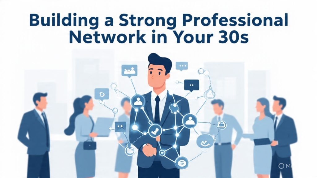 A modern professional scene showing a confident person in their 30s standing at the center, surrounded by a glowing network of connected lines and nodes representing relationships. Around them are subtle icons of career growth such as briefcases, chat bubbles, laptops, and handshake symbols. In the background, a soft corporate environment with people interacting, symbolizing networking events. The overall color tone is minimal and professional (blue, white, and soft grey). Add the title text: “Building a Strong Professional Network in Your 30s” in bold, clean typography. The design should feel modern, aspirational, and career-focused with balanced spacing, suitable for a blog header (1600x778 px).