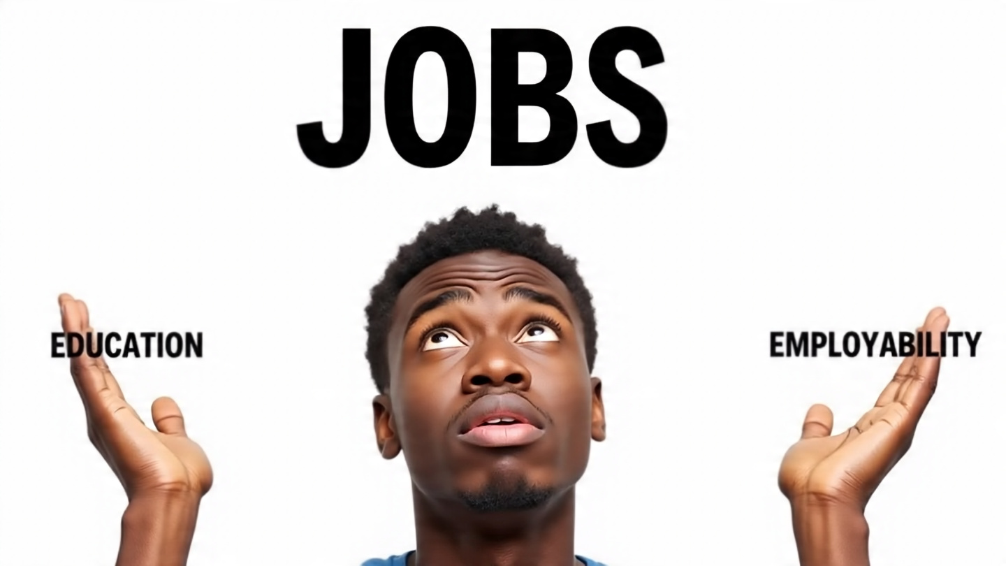 A young man stands in a confused pose against a plain background, looking upward with a thoughtful expression. His hands are raised to either side at shoulder level, each palm facing upward. The left palm is labeled “EDUCATION” and the right palm is labeled “EMPLOYABILITY.” Above his head, the word “JOBS” is written in bold letters. The image represents confusion or decision-making between education and employability in relation to jobs.