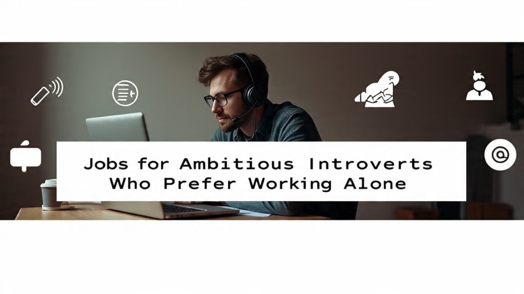 Minimal banner showing a focused person working alone on a laptop at a desk, with icons around them and the title “Jobs for Ambitious Introverts Who Prefer Working Alone.”