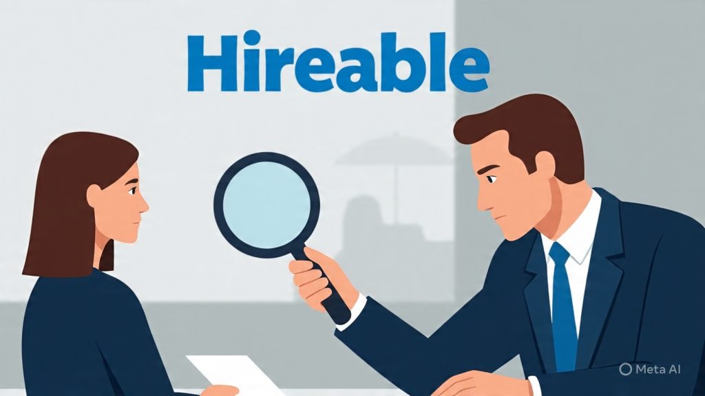 Recruiter examining a candidate through a magnifying glass during an interview, highlighting the word “Hireable” above the candidate’s head, symbolizing evaluation and selection in a professional setting