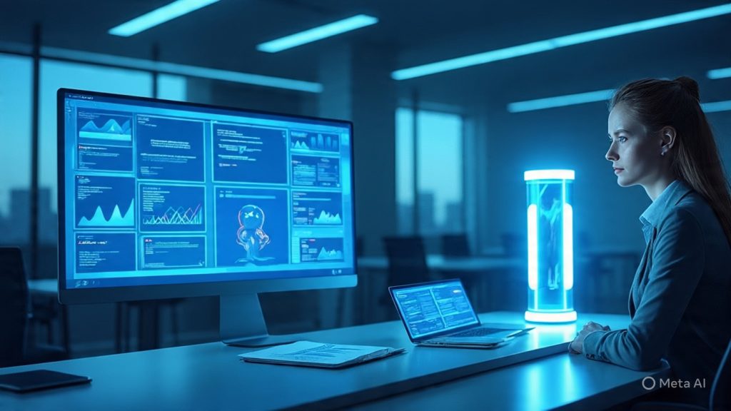 “A futuristic job interview scene where a human candidate is sitting in front of a glowing AI hologram instead of a human recruiter. The AI is analyzing data on floating screens, showing resume scores, graphs, and facial analysis. The office is modern, clean, and high-tech with blue and white neon lighting. The candidate looks slightly nervous but hopeful. Cinematic lighting, ultra-realistic, 16:9 composition, high detail, futuristic corporate environment.”