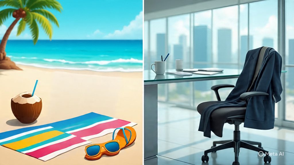 Return to Corporate
A split-screen illustration of a woman enjoying a relaxing beach vacation on one side and working in a corporate office on the other, highlighting the transition from a carefree lifestyle to professional work life after a long break.