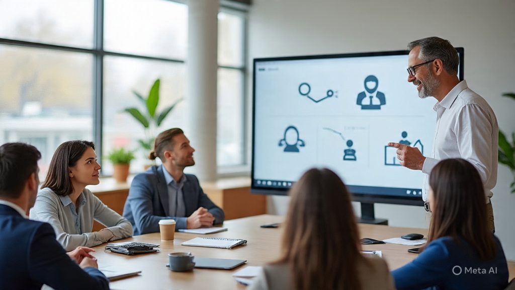 A modern corporate training session inside a bright, professional office meeting room. A confident trainer stands near a large digital screen explaining concepts using simple visuals and charts. Employees of diverse backgrounds are seated attentively, taking notes and engaging in discussion. The environment is collaborative and energetic, with laptops, notebooks, and coffee cups on the table. The screen shows icons of communication, leadership, and skill development. Natural daylight enters through glass windows, creating a productive and motivating atmosphere. Photorealistic style, high detail, wide angle composition, 16:9 aspect ratio.