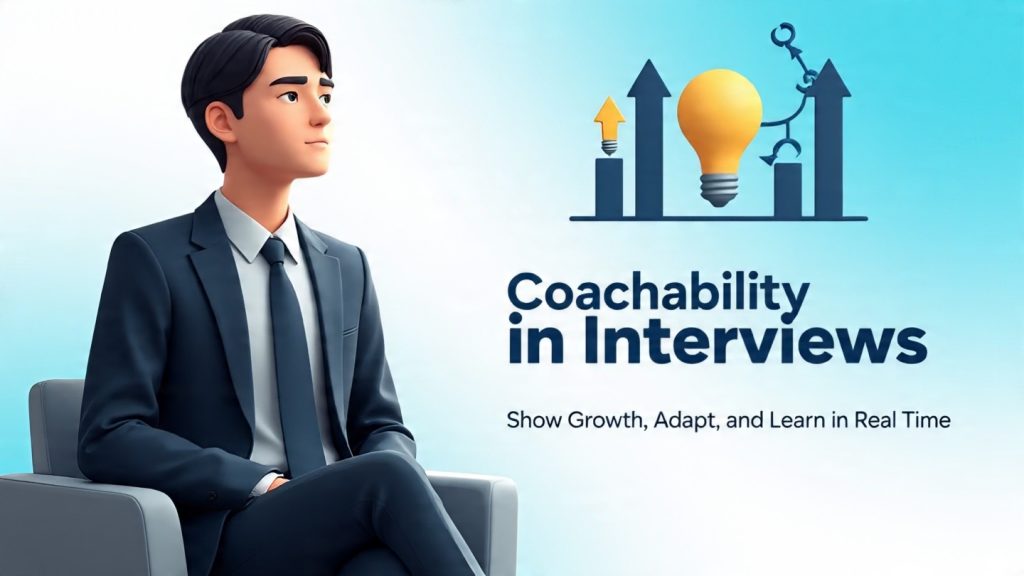 A wide banner illustration showing a job interview scene. On the left, a young professional sits attentively in an interview room, listening carefully to an interviewer with a calm and open expression. On the right, abstract graphics represent growth and learning, including upward arrows, light bulb icons, and connected nodes symbolizing feedback and adaptability. The center includes the title “Coachability in Interviews” with the subtitle “Show Growth, Adapt, and Learn in Real Time.” The overall design is clean, modern, and corporate with a blue and white color theme.