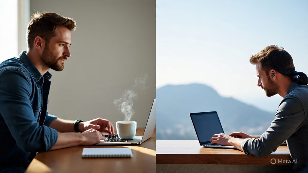 A modern digital nomad working on a laptop in a scenic location, split scene showing balance between work and travel. On one side, a person sitting at a clean workspace with a laptop, coffee, notebook, and headphones, focused and productive. On the other side, the same person exploring a beautiful destination like a beach or mountain, capturing photos or enjoying the view. Bright natural lighting, minimal aesthetic, soft colors, realistic style, calm and productive mood, representing balance between productivity and travel lifestyle, 16:9 ratio, high resolution.