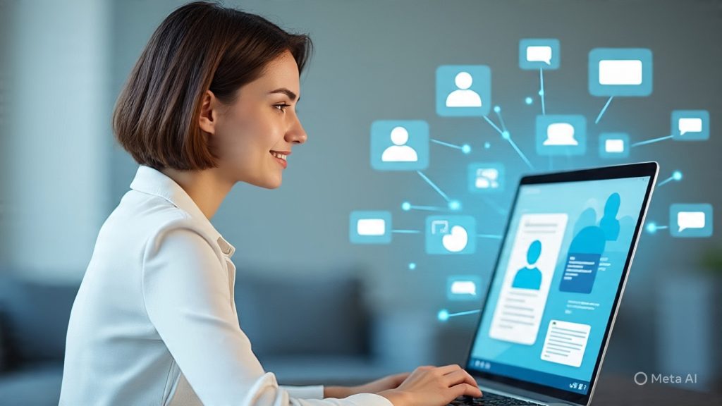 A modern digital workspace scene showing a young professional using a laptop, surrounded by floating chat bubbles, community icons, and connection lines symbolizing online networking. The screen displays elements of professional communities like forums, group discussions, and messages. In the background, subtle icons represent platforms like professional networks, discussion forums, and chat groups. The overall mood is collaborative and positive, with soft lighting and a minimal aesthetic. Style should be semi-realistic or flat illustration, suitable for a blog header about networking, online communities, and job referrals.