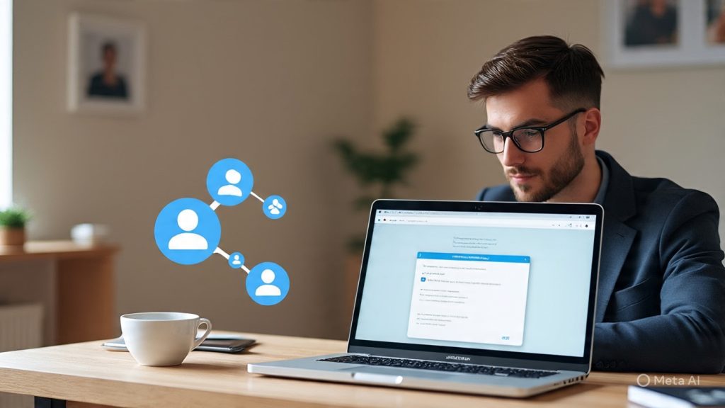 A modern digital workspace showing a young professional working on a laptop with the LinkedIn interface visible on screen. The scene includes minimalistic elements like a notebook, coffee cup, and soft lighting. Around the person, subtle visual elements represent personal branding—icons like a profile badge, connection network lines, chat bubbles, and content posts. The mood is calm and focused, symbolizing consistency without stress. Use a soft blue and white color palette, clean composition, and a professional aesthetic. Style: realistic with slight illustration touch, high resolution, suitable for a blog header.