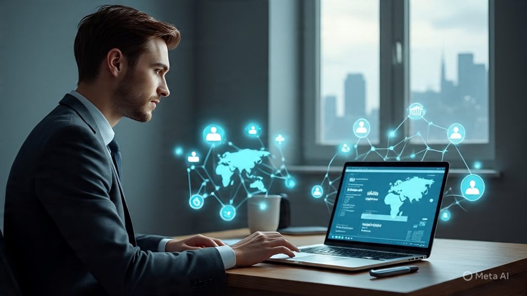 global
A cinematic, ultra-realistic digital illustration showing a confident young professional working from a small town home office, symbolizing a global career journey. The person is sitting at a clean wooden desk with a laptop open displaying a resume and LinkedIn profile. Around them are subtle glowing elements representing global connectivity, such as world map lines, digital network nodes, and floating icons of jobs, portfolio, and skills. The room is simple and modest, representing a small town environment, but the outside window shows a glowing world map skyline symbolizing global opportunities. The atmosphere feels inspirational, modern, and hopeful with soft natural lighting and a professional tone. The scene represents “building a global career from anywhere through skills and consistency.” --ar 16:9