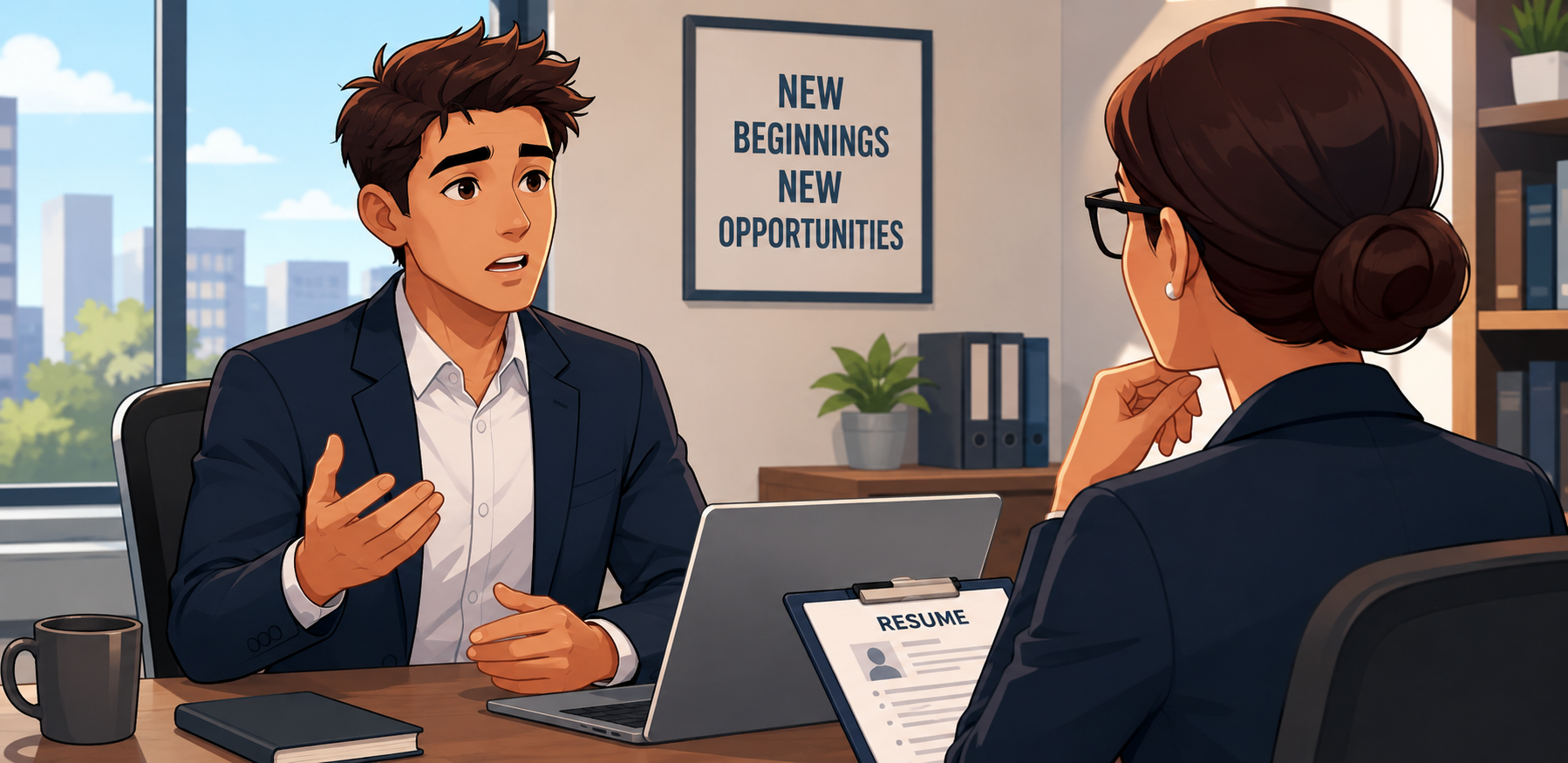 Explain Being Fired
A young professional explains himself during a job interview while sitting across from a recruiter in a modern office with motivational decor and a city view in the background.