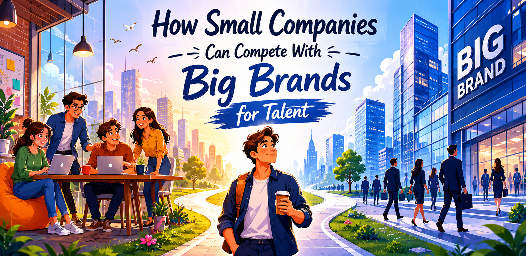 Small Companies Can Compete With Big Brands
A colorful illustrated scene showing a contrast between a small startup workspace and a large corporate office. On the left, a small company team collaborates in a cozy, creative environment with laptops and casual seating. On the right, a modern glass corporate building labeled “BIG BRAND” shows employees in formal attire working in a structured office setting. A central figure in a yellow blazer stands thoughtfully, symbolizing the choice between small companies and big brands for talent opportunities.
