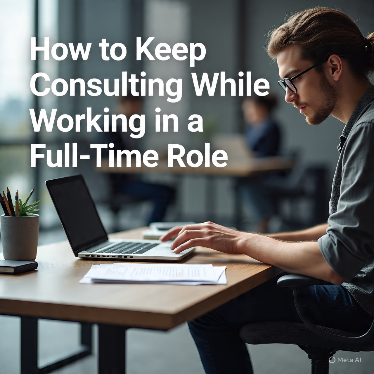 Professional workspace scene showing a focused person working on a laptop with the title “How to Keep Consulting While Working in a Full-Time Role” displayed on the left, representing productivity, balance, and a modern consulting setup.