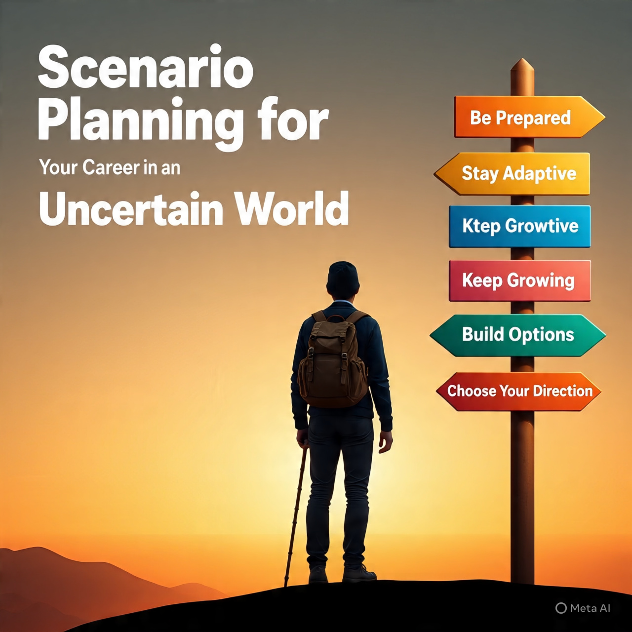 Scenario Planning
Alt text: A modern career-themed banner showing a person standing on a mountain at sunrise, looking toward the horizon. On the right side, a colorful signpost displays directions like “Be Prepared,” “Stay Adaptive,” “Keep Growing,” “Build Options,” and “Choose Your Direction.” The left side features the title “Scenario Planning for Your Career in an Uncertain World” with a clean, minimal design and no detailed tips included.
