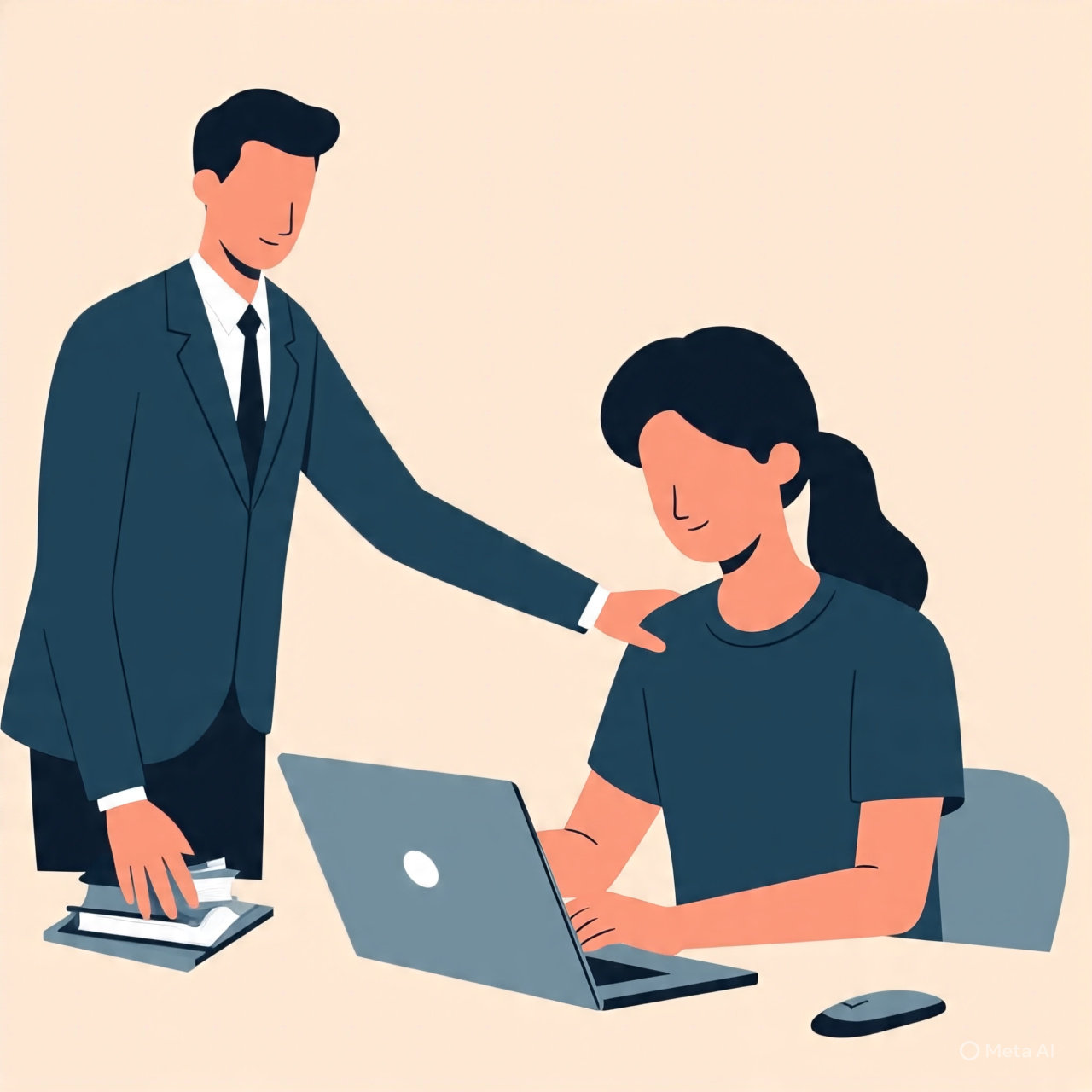 A minimal and professional illustration of a mentorship scene. A young person is sitting at a desk working on a laptop, focused and thoughtful. Behind them, a slightly older mentor figure is standing calmly, offering guidance with a supportive presence (not dominating, more like a subtle guide). Soft lighting, warm tones, and a clean modern workspace. The mood should feel inspiring, calm, and growth-oriented. No text, no tips, no clutter. Wide composition, suitable for a blog banner, 1600x778px.
