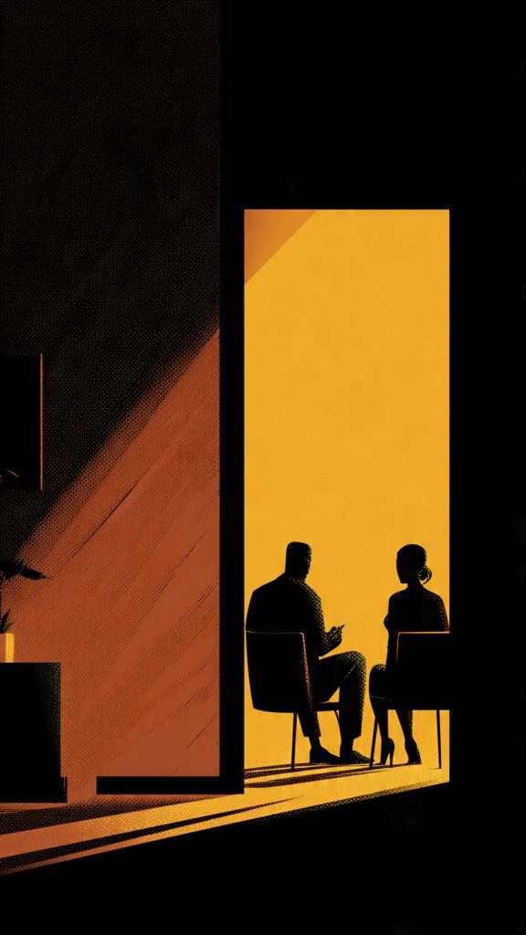 Career Change Mistakes
Animated illustration of a recruiter interviewing a candidate who is changing careers, with a dark side symbolizing past struggles and a bright open doorway representing new career opportunities, growth, and succes
