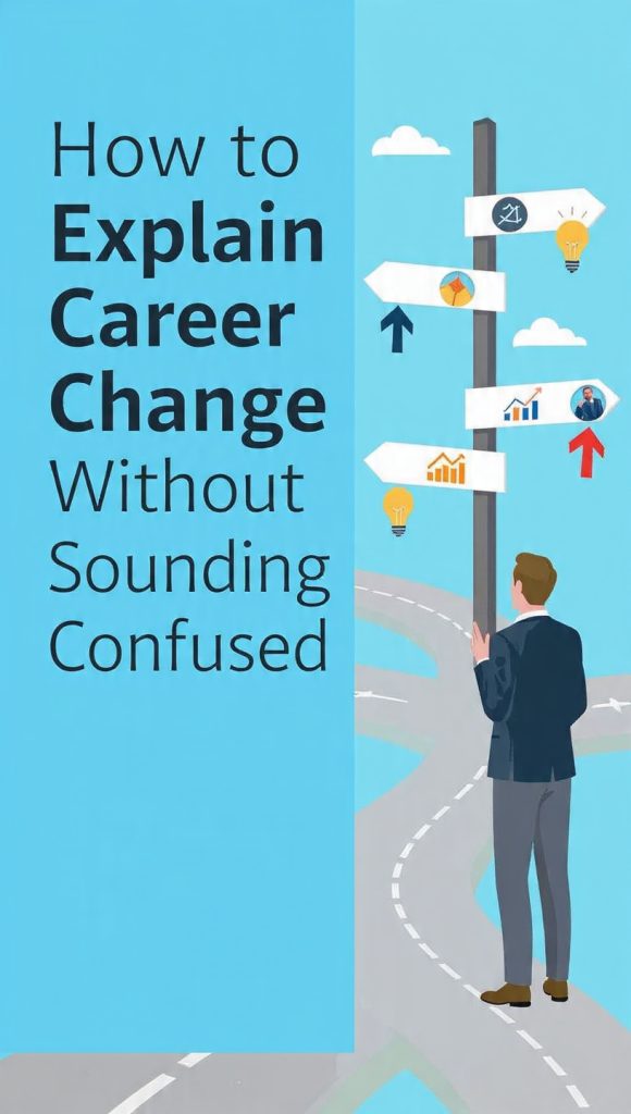 Explain Career Change
A modern career-themed illustration with the bold title “How to Explain Career Change Without Sounding Confused” on the left side. On the right, a professional person stands at a crossroads with multiple directional arrows and colorful career-related icons representing growth, learning, goals, and opportunities. The design uses clean blue tones with a minimal and professional aesthetic.