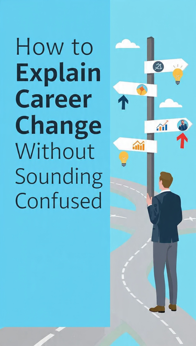 Explain Career Change
A modern career-themed illustration with the bold title “How to Explain Career Change Without Sounding Confused” on the left side. On the right, a professional person stands at a crossroads with multiple directional arrows and colorful career-related icons representing growth, learning, goals, and opportunities. The design uses clean blue tones with a minimal and professional aesthetic.
