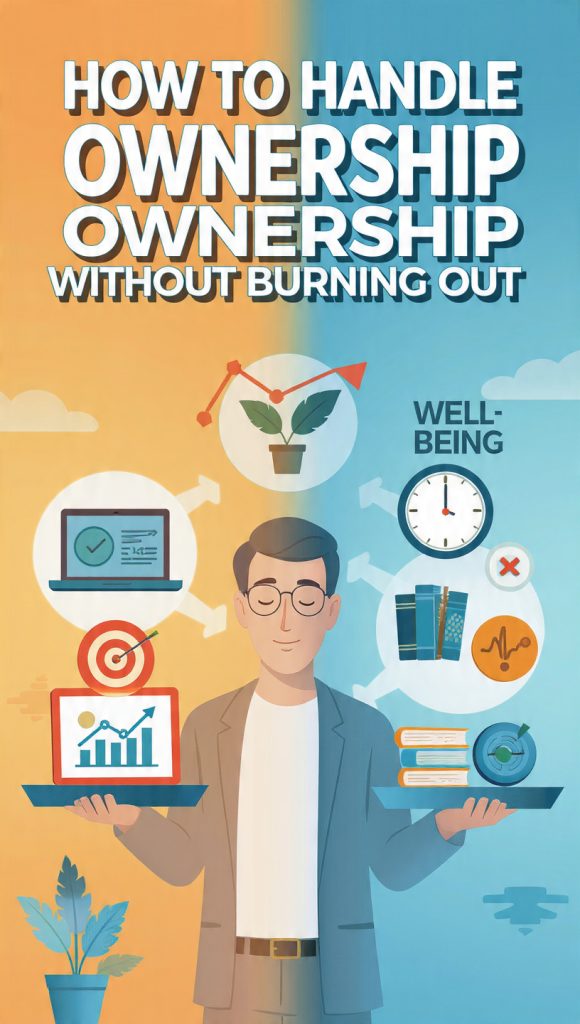 Handle Ownership Without Burning Out
A wide animated-style banner titled “How to Handle Ownership Without Burning Out,” showing a central character calmly balancing two trays. One side represents work responsibility with icons like a checklist, laptop, target, and growth chart, while the other side represents well-being with icons like a plant, clock, books, heart rate, rest, and support. The background is split into warm and cool tones, symbolizing work-life balance and Conclusion: Handle Ownership Without Burning Out
sustainable productivity.