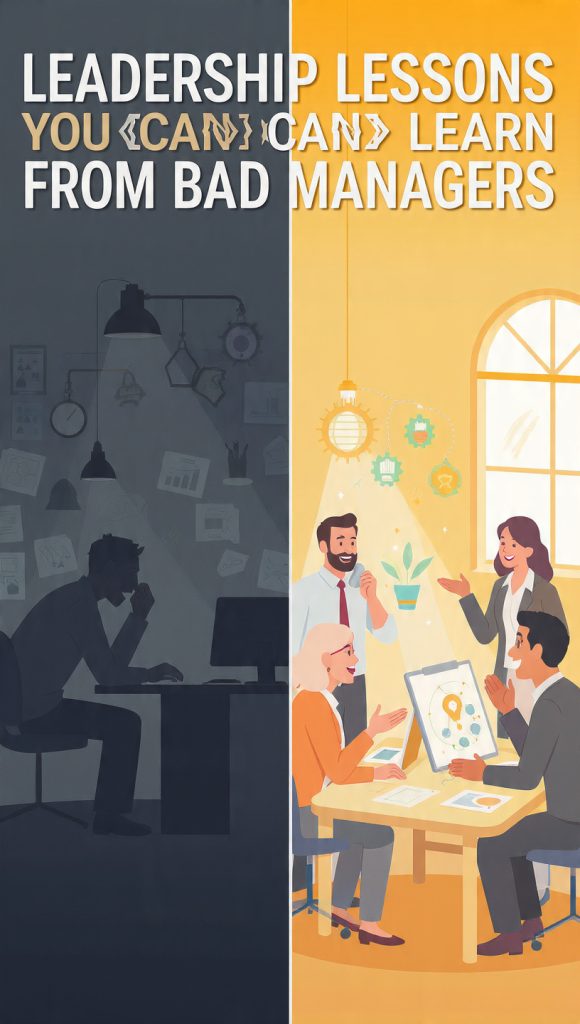 Wide infographic titled “Leadership Lessons You Can Learn From Bad Managers,” showing a split office scene. The left side depicts a stressful work environment with frustrated employees and a harsh manager, symbolizing poor leadership. The right side shows a calm, collaborative office with engaged team members discussing ideas, representing positive leadership and teamwork. The design uses contrast to highlight the difference between toxic and effective management styles.