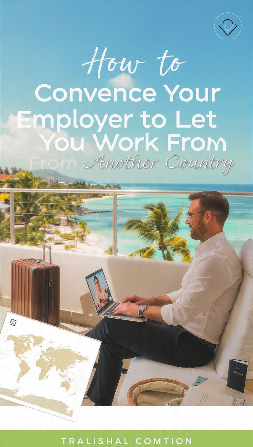 A professional remote worker sits on a balcony overlooking a tropical coastline while attending a video meeting on a laptop. The image features the title “How to Convince Your Employer to Let You Work From Another Country” with a clean modern layout and travel-inspired design elements.