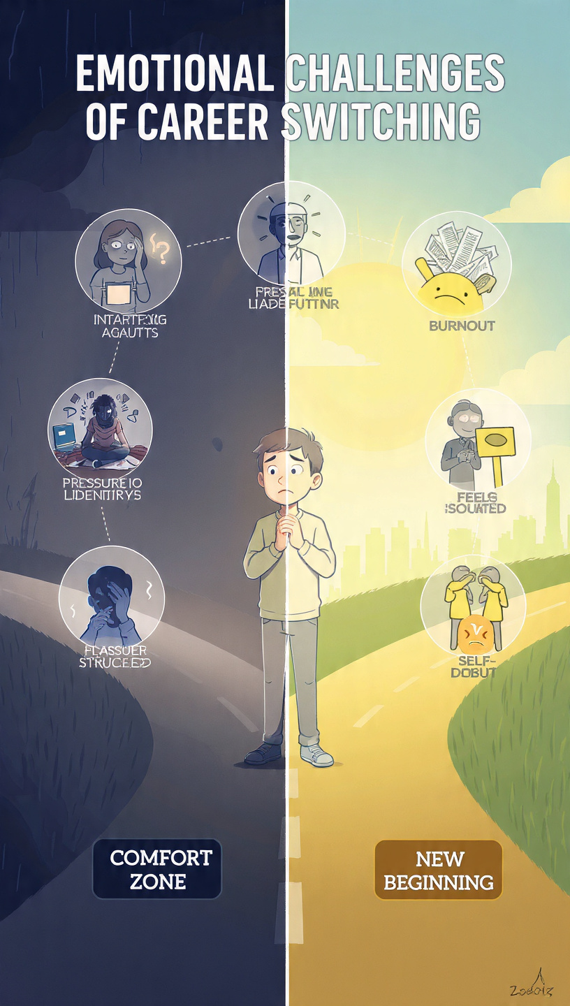 Animated illustration showing the emotional challenges of career switching. A person stands at a crossroads between a dark “comfort zone” road and a bright “new beginning” path, looking confused and thoughtful. Around them are emotional scenes labeled fear of starting again, uncertainty about the future, loss of identity, pressure to succeed quickly, financial stress and burnout, feeling isolated, and self-doubt. The background transitions from gloomy tones on one side to hopeful sunlight and a city skyline on the other, symbolizing personal growth and career transformation.