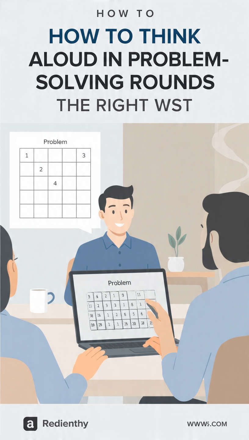 Think Aloud in Problem-Solving Rounds
A clean, modern infographic titled “How to Think Aloud in Problem-Solving Rounds the Right Way.” The image shows a candidate explaining a grid-based problem on a laptop while speaking to an interviewer. On the left, a visual problem grid and icons represent structured thinking. The overall design uses a minimal office setting with soft colors, illustrating communication and problem-solving in an interview scenario.