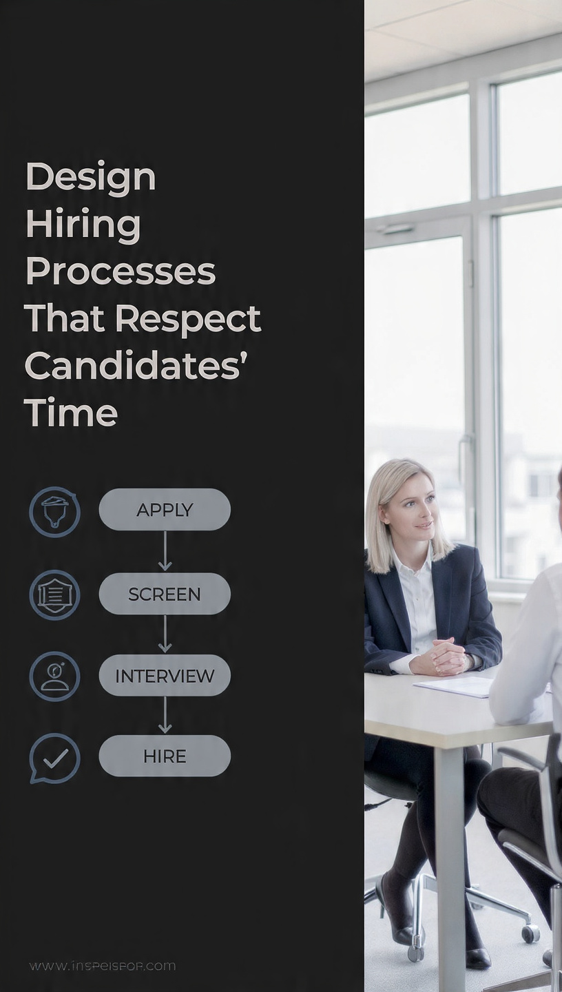 Design Hiring Processes
A clean, modern infographic-style slide showing the title “Design Hiring Processes That Respect Candidates’ Time” on the left side with a minimal icon-based workflow illustration. The right side features a professional interview scene in a bright office where a recruiter is speaking with a candidate across a desk, with a resume visible. The overall design is corporate, minimal, and balanced, emphasizing efficiency and respect in hiring without including detailed tips or text clutter